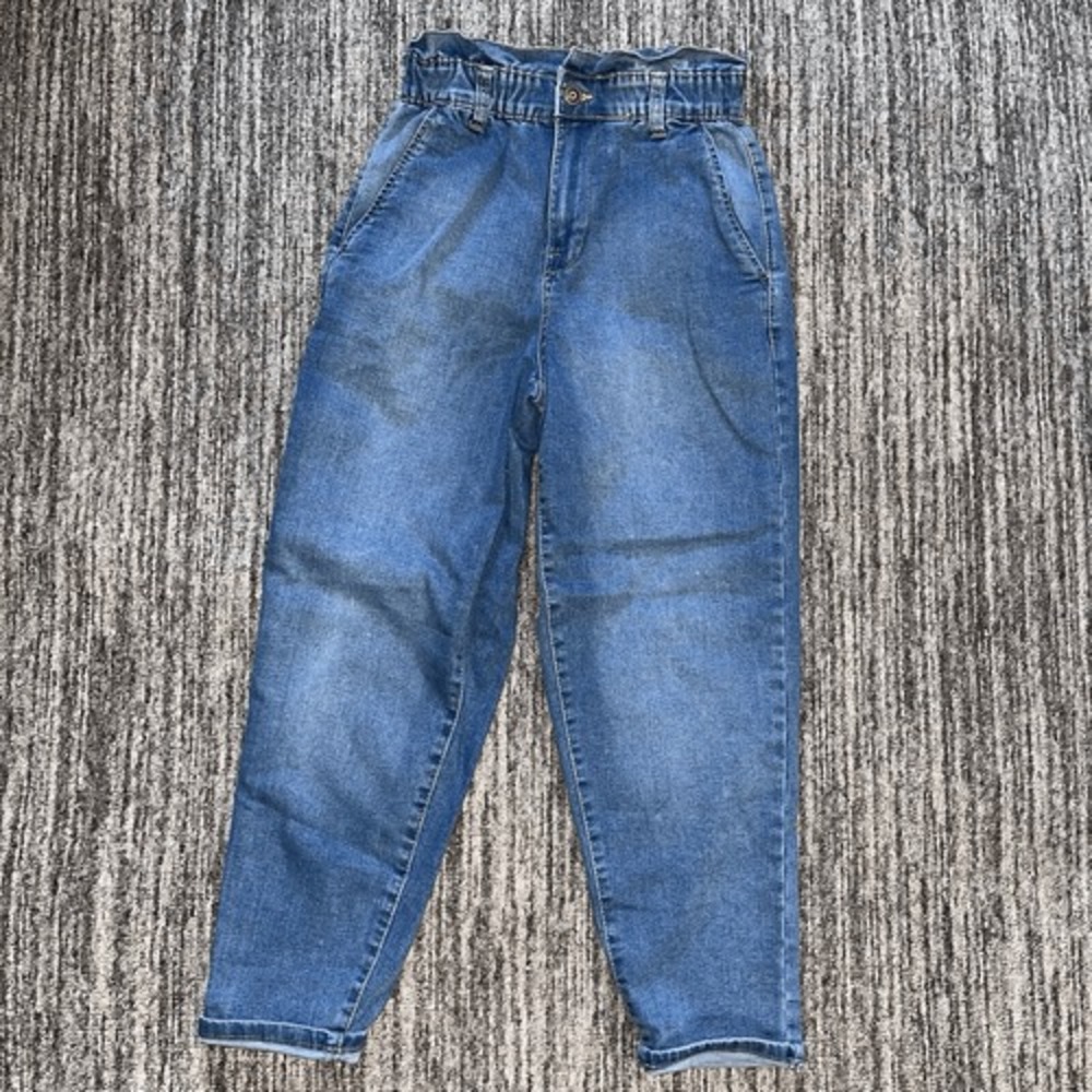 No Boundaries Womens Barrel Jeans Juniors Sz Sm 3/5 Paper Bag Waist Medium Wash